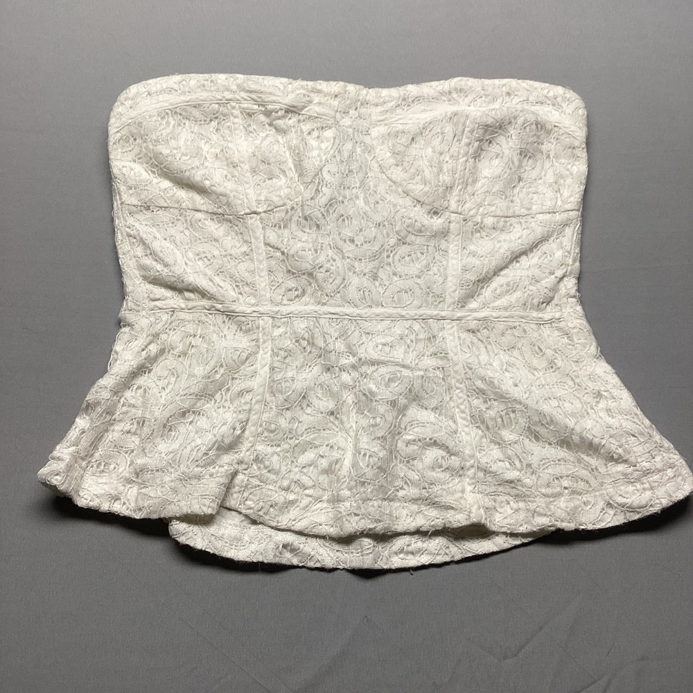 American Rag Cie White Lace Strapless Top Size M Smocked Back Peplum Corset